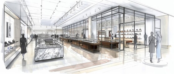 Architectural Sketch of Modern Retail Store.