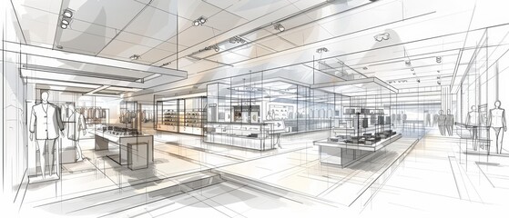 Architectural Sketch of Modern Retail Store.
