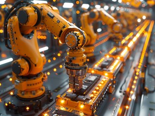 Advanced Robotic Arm Assembling Electronic Components in a High-Tech Factory