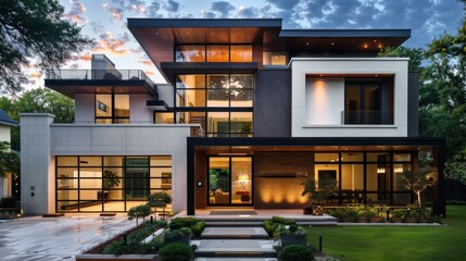 Exterior luxury front facade new modern home exterior with garage door, residential architecture