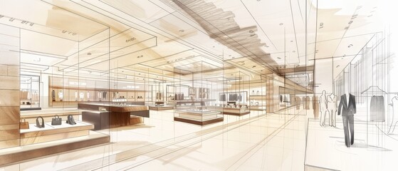 Architectural Sketch of Modern Retail Store.