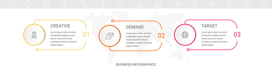 Vector line infographics with 3 circles. Business concept graphic process template with three steps. Graphic timeline for app, website, interface, chart, levels, web, diagram, banner, presentations