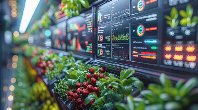 High-tech farm dashboard showing real-time blockchain crop data, vibrant plants.