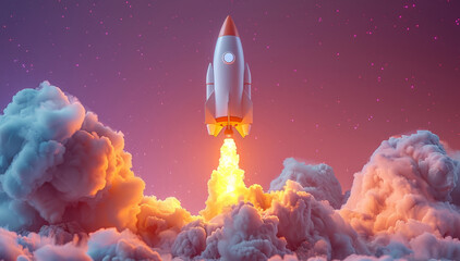 A rocket is launched into the sky amidst fluffy white clouds, rising with power and force.