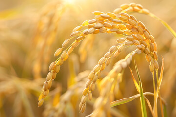 Golden Rice Grains in Sunlight. Close-up of ripe rice grains basking in warm sunlight in a rice field.