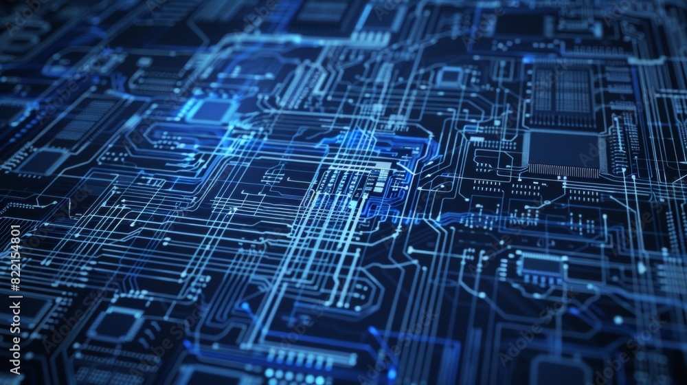 Poster blueprint close-up of a server blade, emphasizing individual processors, memory modules, and intrica