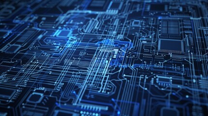 Blueprint close-up of a server blade, emphasizing individual processors, memory modules, and intricate circuit board traces