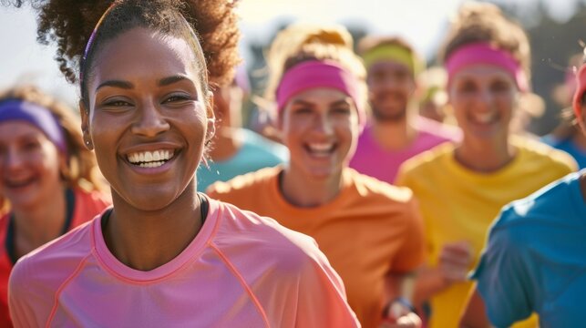 Close-up: A diverse group of runners wearing colorful charity shirts
