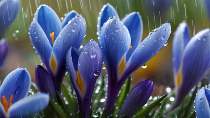 Fototapeta premium Close up of Spring flowers of blue crocuses in drops of water