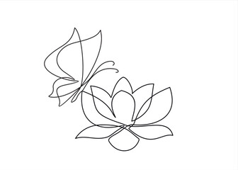 Lotus flower and butterfly isolated on white background. Continuous line drawing