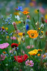 Obraz premium Close-up of a cluster of wildflowers with different textures and colors, showcasing their intricate beauty and diversity