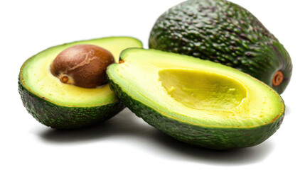 A detailed view of a split avocado, highlighting the smooth texture and natural details, set against white.