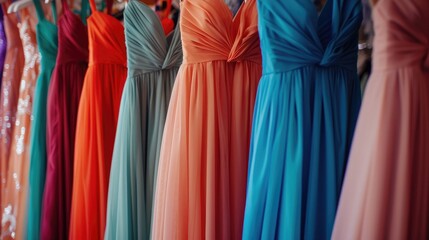 Elegant long formal dresses for sale in luxury modern shop boutique. Prom gown, wedding, evening, bridesmaid dresses dress details. Dress rental for various occasions and events