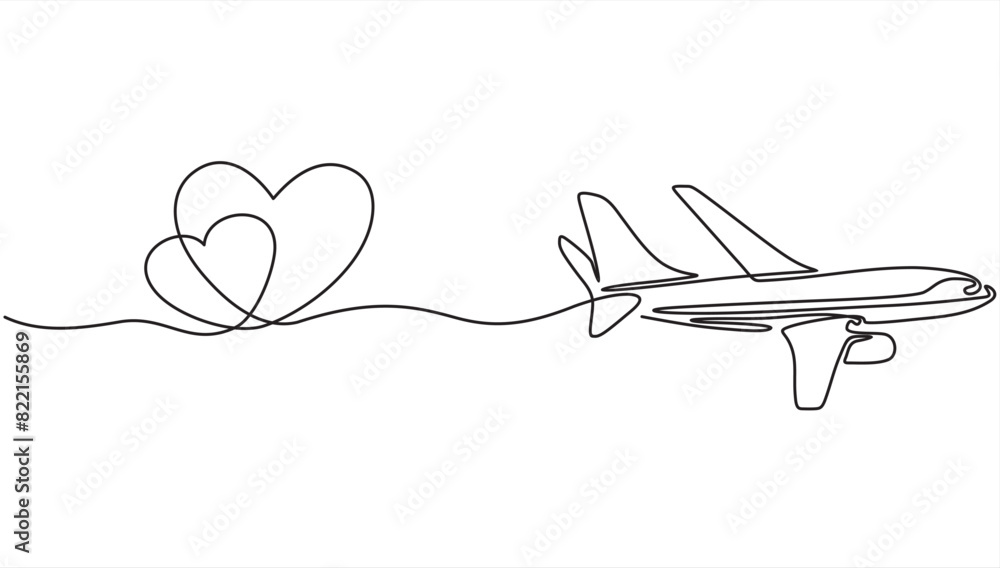 Poster continuous one line drawing of airplane path in heart form. one single line airplane route with star