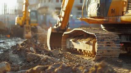 Backhoe working by digging soil at construction site. Crawler excavator digging on soil. Excavation vehicle.