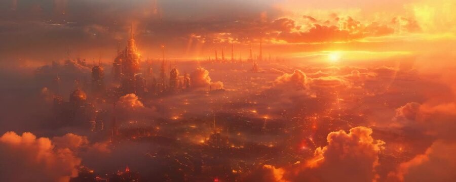 AI-generated panoramic cloudscape at dramatic sunset with glowing orange and red sky, digitally created atmospheric scene with majestic cumulus formations at golden hour - Anamorphic 4K