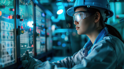 A factory worker in a chemical plant, examining real-time data on a control panel, ensuring smooth operation and compliance with safety standards.