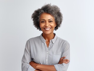 White Background Happy black american independant powerful Woman. Portrait of older mid aged person beautiful Smiling girl Isolated on Background ethnic diversity equality 