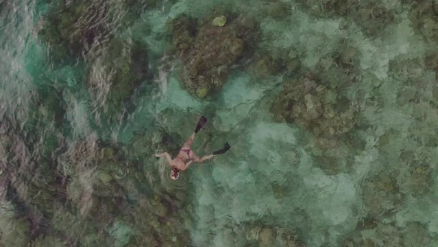 Aerial view of clear water and coral reef at Corong Corong Beach, El Nido, Palawan, Philippines.
