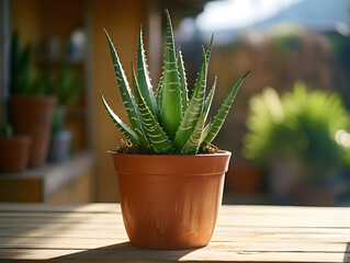 Close up of an aloe vera plant in a pot at home, blurred background