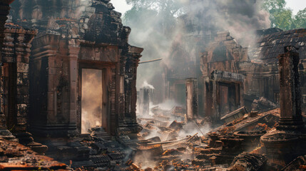 A historic temple in ruins, with smoke and debris covering treasured artifacts, highlighting the irreplaceable loss of cultural heritage due to violence.