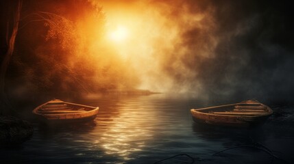 A solitary wooden rowboat on a mist-covered river, under a glowing sunrise, offers a mystical and peaceful setting.
