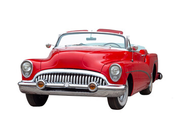 Red retro car isolated on white background.
