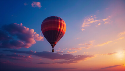 Obraz premium a close-up image of a hot air balloon ascending into the sky, its silhouette strikingly contrasted against the deep blue expanse and the soft, glowing light of dawn, Silhouette, Ho