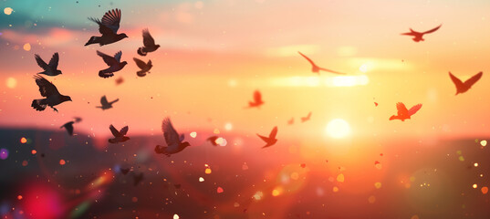 a close-up image of birds in flight at dawn, silhouetted against the vibrant colors of a sunrise, creating a striking contrast with the still dark landscape below, Silhouette, Bird