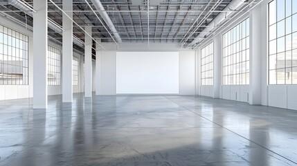 A blank white square frame was hanging on the wall of an industrial warehouse with concrete floors and high ceilings. The room was well lit, with large windows that provided natural light from outside
