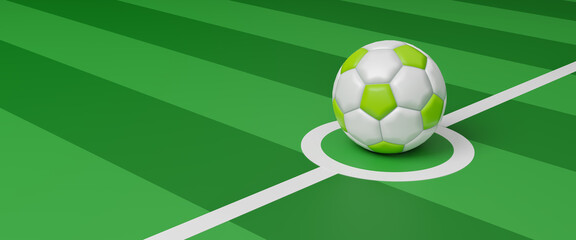 Obraz premium 3D Soccer ball icon close up isolated on green background. Design template for minimal. Sport and Game competition concept..Spot, website, banner, promote, product, mockup. Copy space. 3d rendering