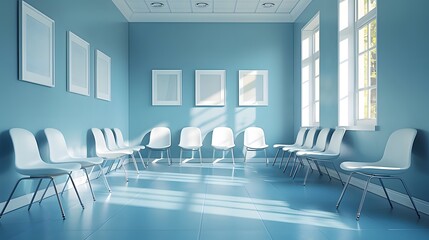 A clean, modern hospital waiting room with light blue walls and white chairs arranged along the wall. The windows at one end let in natural sunlight that illuminates the space.
