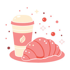 Cup of coffee tea and croissant stylized vector illustration in pink and beige colors, isolated on a white background. Vector illustration