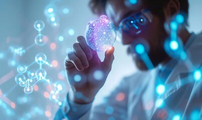 scientist uses forefinger to touch a floating holographic review generative ai  art