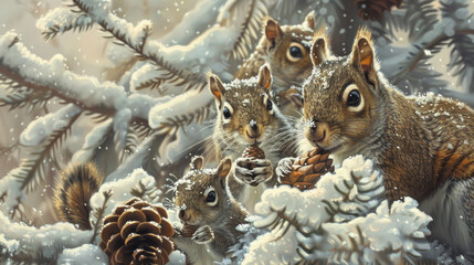Obraz premium A squirrel family gathering pine cones among frost-covered trees, the intricate details of the snowflakes and the warm hues of their fur painting a picture of life thriving in the cold.