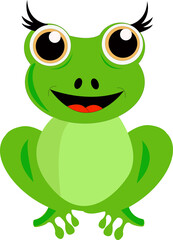 Grenouille verte de face, souriante, avec de grands yeux et grands cils noirs, sur fond blanc	