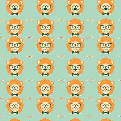 Fototapeta premium A pattern of cartoon lion faces with glasses and bow ties