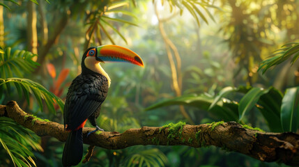 Obraz premium A toucan in profile, perched on a gnarled branch, with the lush green tropical forest providing a perfect backdrop.