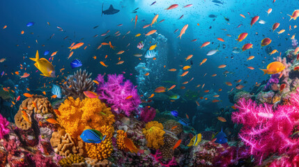 A vibrant coral reef teeming with diverse marine life underwater.