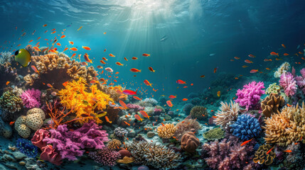 Fototapeta na wymiar A vibrant coral reef teeming with diverse marine life underwater.