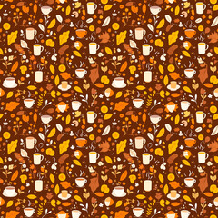 Autumn-themed seamless pattern with various elements like leaves, cups, and acorns in warm colors, ideal for seasonal decoration and cozy design projects