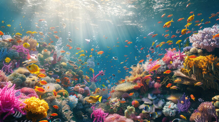 A vibrant coral reef teeming with diverse marine life underwater.