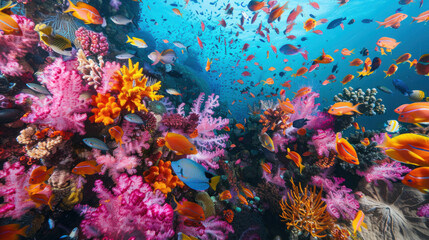 A vibrant coral reef teeming with diverse marine life underwater.