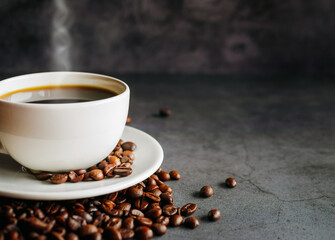 Coffee cup and coffee beans on  gray background, Black coffee cup aromatic,Close up