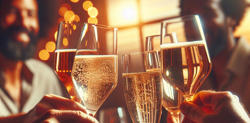People at the table raise a toast. Close-up glasses