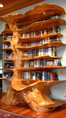 Obraz premium A sculptural bookshelf made of polished wood set against a minimalist living room backdrop