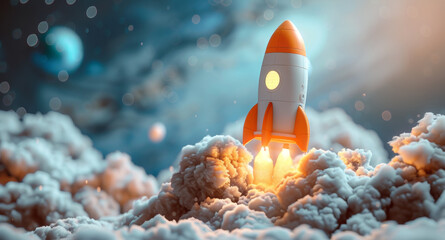 A toy rocket takes off into the sky, propelled by a burst of energy, leaving a trail of smoke behind.