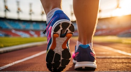 Fototapeta premium Focus on running shoes of athletic runner training in stadium at sunset