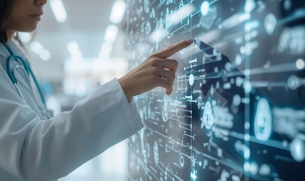 scientist uses forefinger to touch a floating holographic review generative ai  art - Powered by Adobe