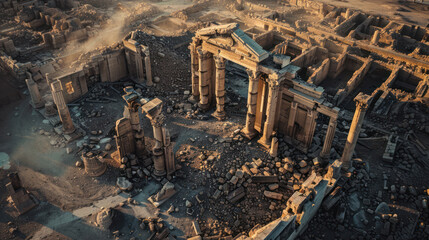 An aerial view of a destroyed cultural heritage site, the collapsed structures and wreckage telling a poignant story of war's impact on heritage and identity. - Powered by Adobe